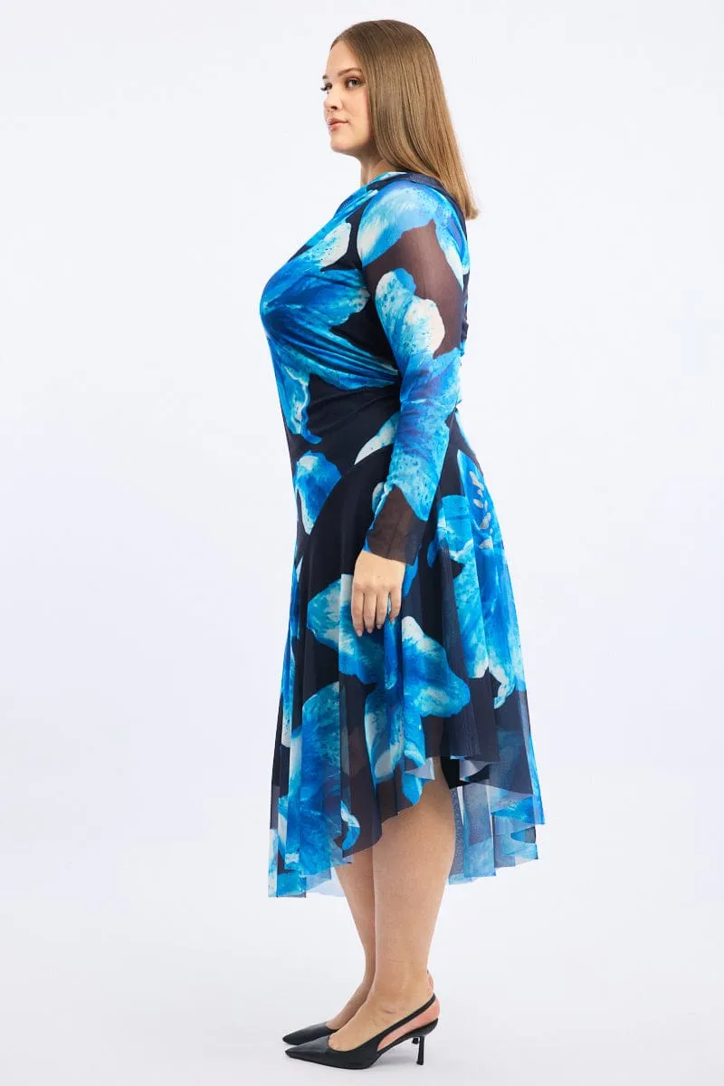 Blue Floral Midi Dress One Shoulder Mesh Crisp Wind