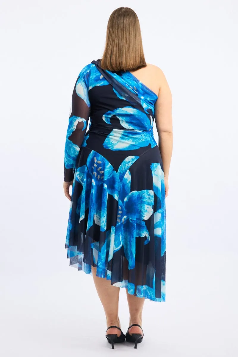 Blue Floral Midi Dress One Shoulder Mesh Dew Drop