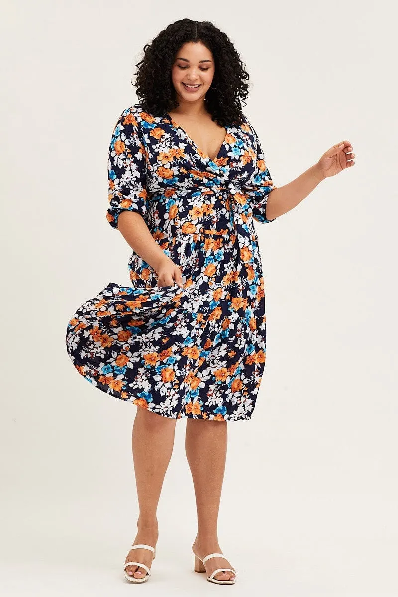 Floral Print Skater Dress V-neck Three-Quarter Sleeve City Prep
