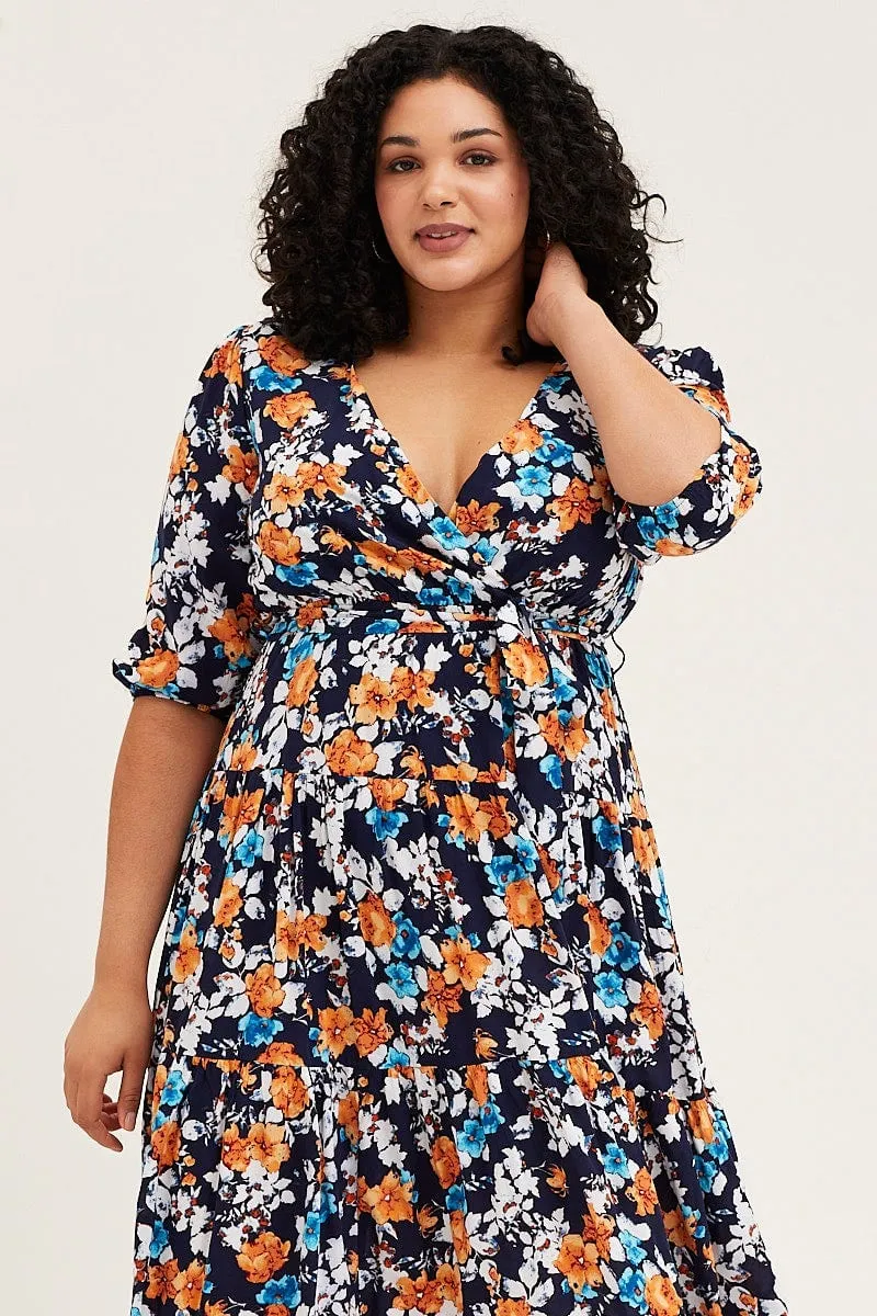 Floral Print Skater Dress V-neck Three-Quarter Sleeve Trendy Pieces