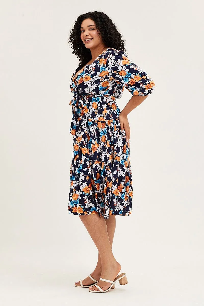 Elegant office dress Sequin Glow Floral Print Skater Dress V-neck Three-Quarter Sleeve