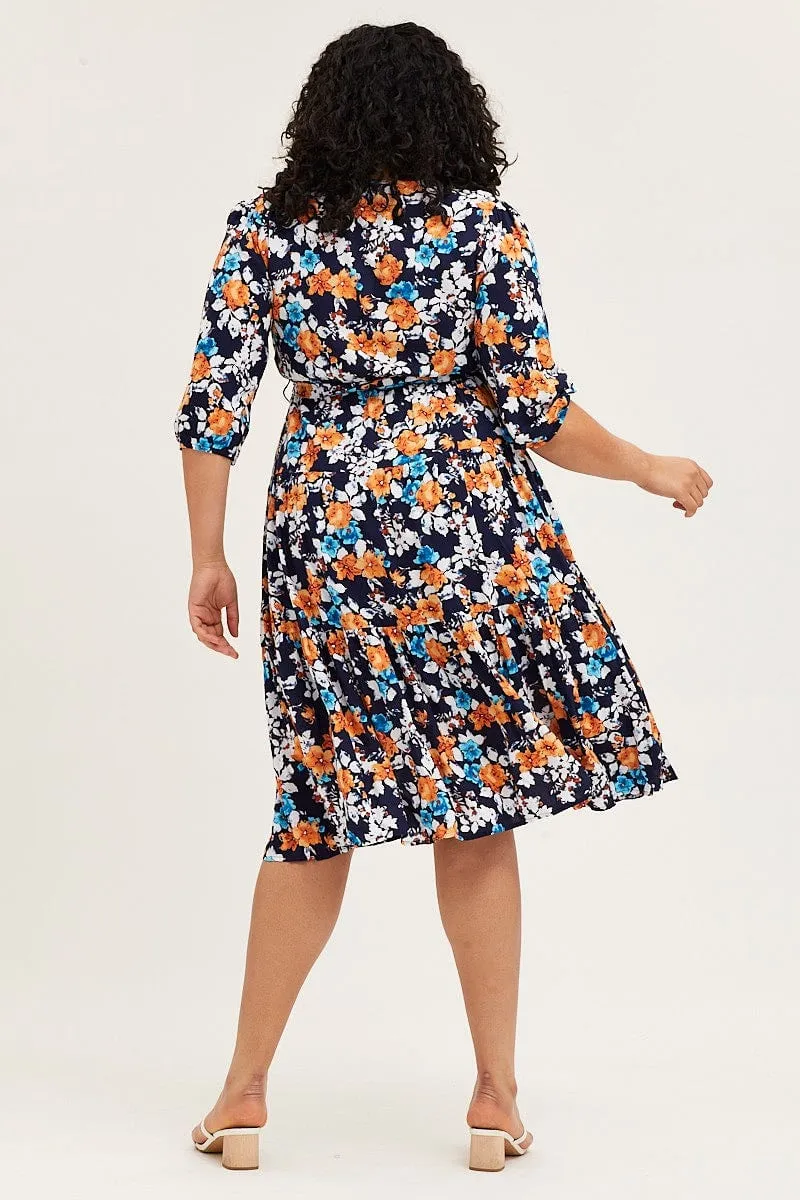 Reef View Floral Print Skater Dress V-neck Three-Quarter Sleeve