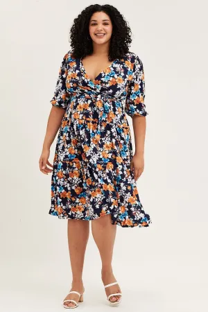 Petal Drift Floral Print Skater Dress V-neck Three-Quarter Sleeve