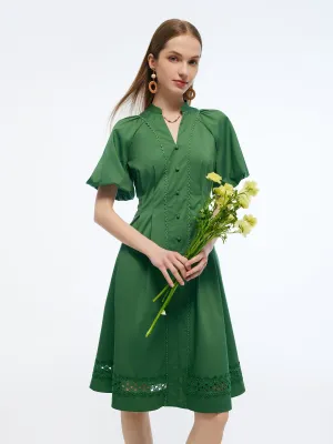 Coastal Granny Gathered Waist Puff Sleeve Women Midi Dress
