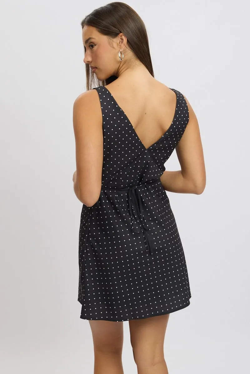 Moisture Wicking Technology Black Polka Dot A Line Mini Dress Sleeveless