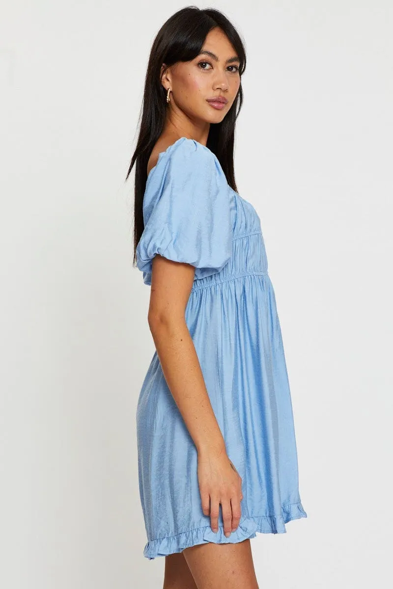 Stylish mini for brunch Relaxed Look Blue Mini Dress Short Sleeve Evening