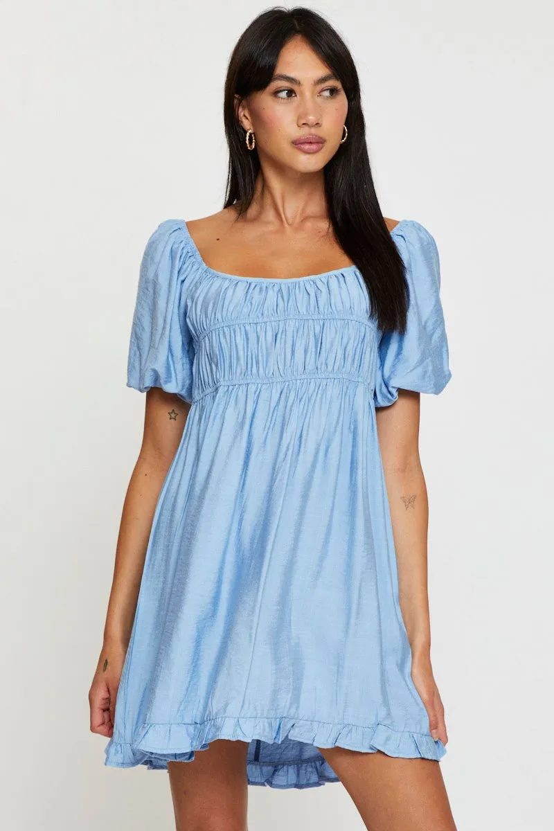 Blue Mini Dress Short Sleeve Evening Weekend Comfort Glow Star