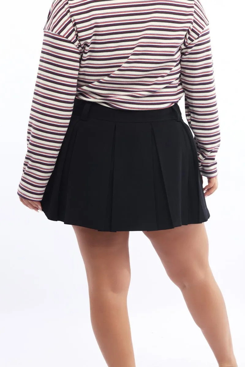 Fringe Detail Double Stitched Black Pleated Mini Tennis Skirt
