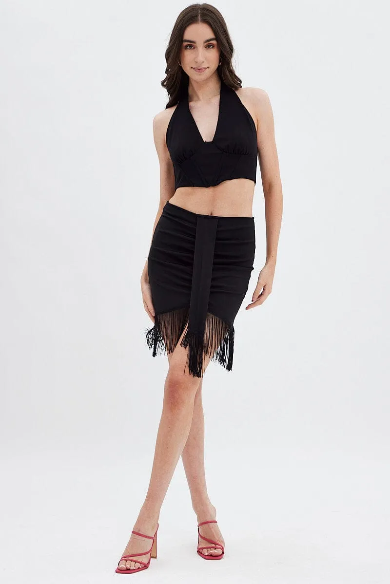 Mid Length Black Tassels Ruched Mini Skirt