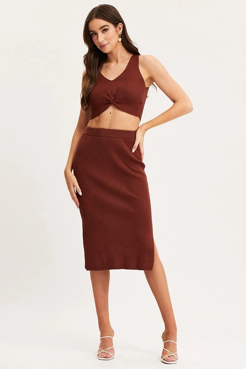 Brown Knit Skirt Midi Side Split High Street Chic Glamorous Appeal