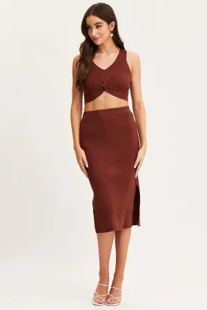 Classic Choice Everyday Vibe Brown Knit Skirt Midi Side Split