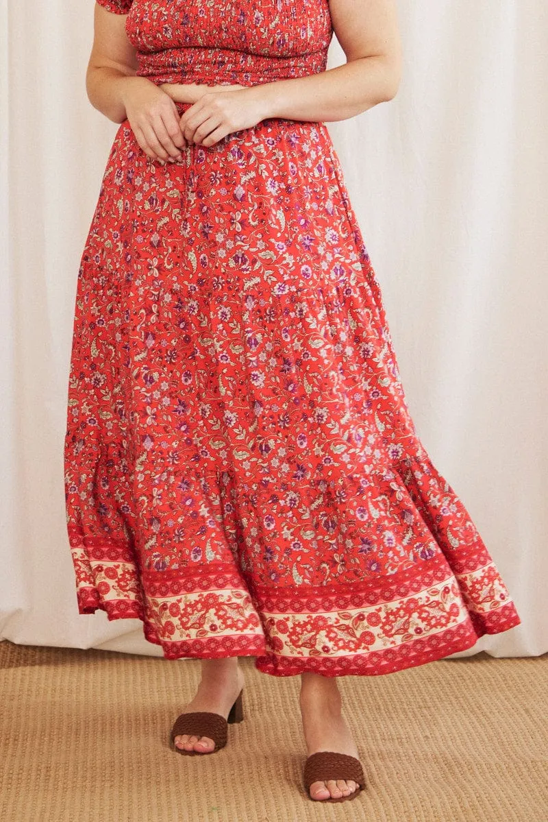 Red Boho Maxi Skirt Tiered Simple Flow Twist Front