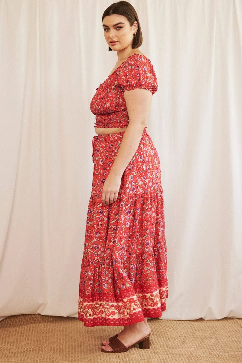 A Line Silhouette Red Boho Maxi Skirt Tiered