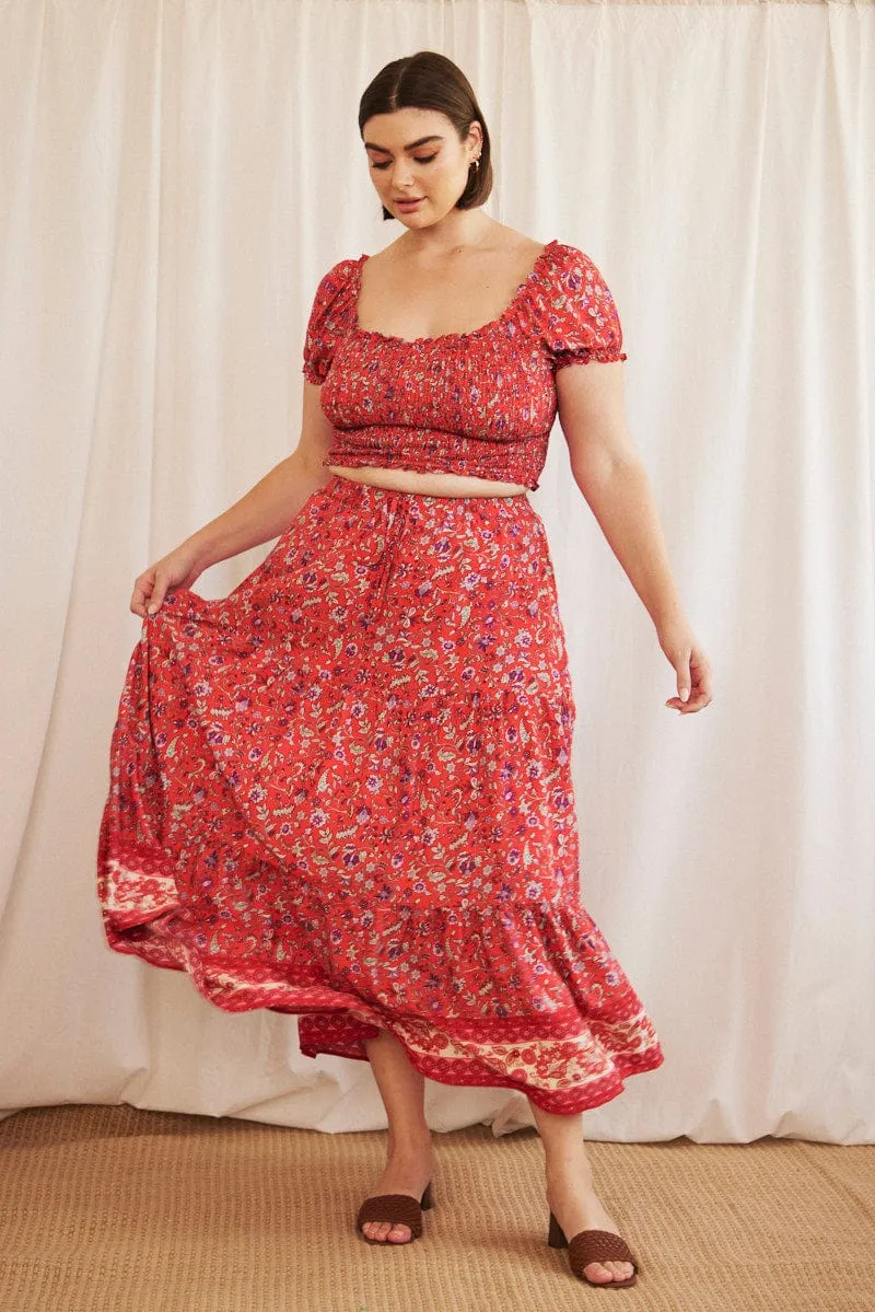 Red Boho Maxi Skirt Tiered Silk Touch Style Essential