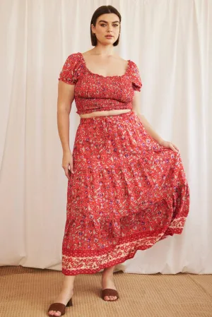 Date night Satin feel Red Boho Maxi Skirt Tiered