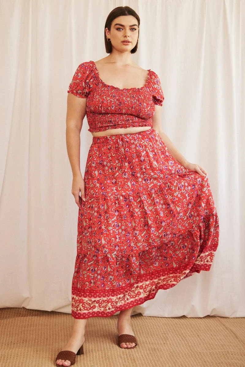 Date night Satin feel Red Boho Maxi Skirt Tiered