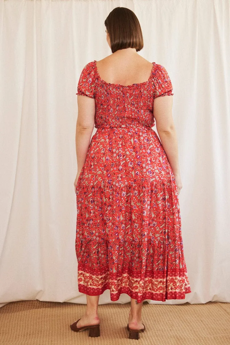 Easy Style Lined interior Red Boho Maxi Skirt Tiered