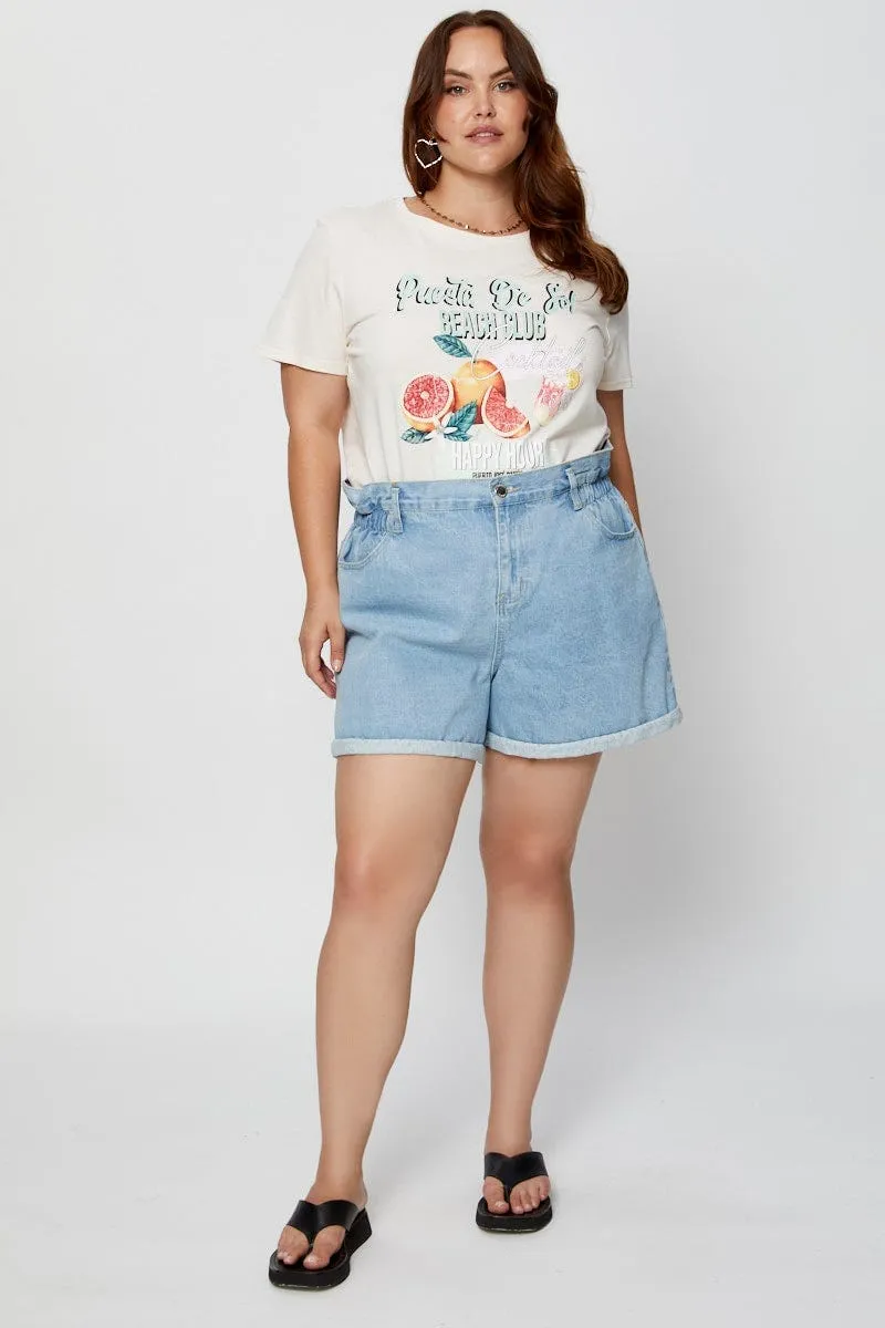 Beige Graphic T-shirt Crew Neck Short Sleeve Lace trim