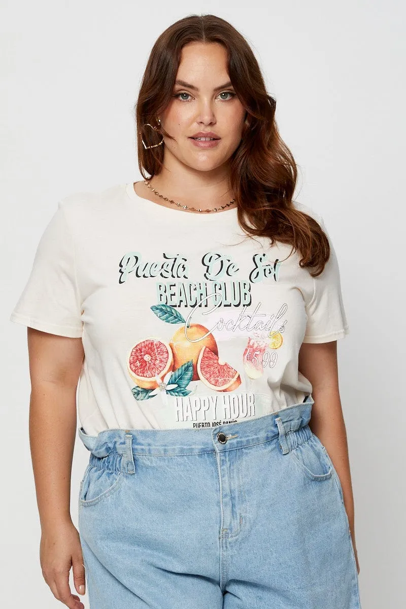 Leather combination Beige Graphic T-shirt Crew Neck Short Sleeve