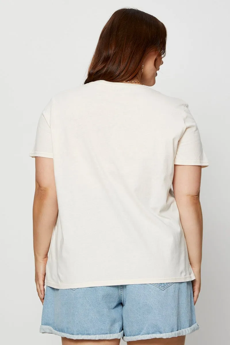 Modern Trend Look Cozy Vibes Beige Graphic T-shirt Crew Neck Short Sleeve