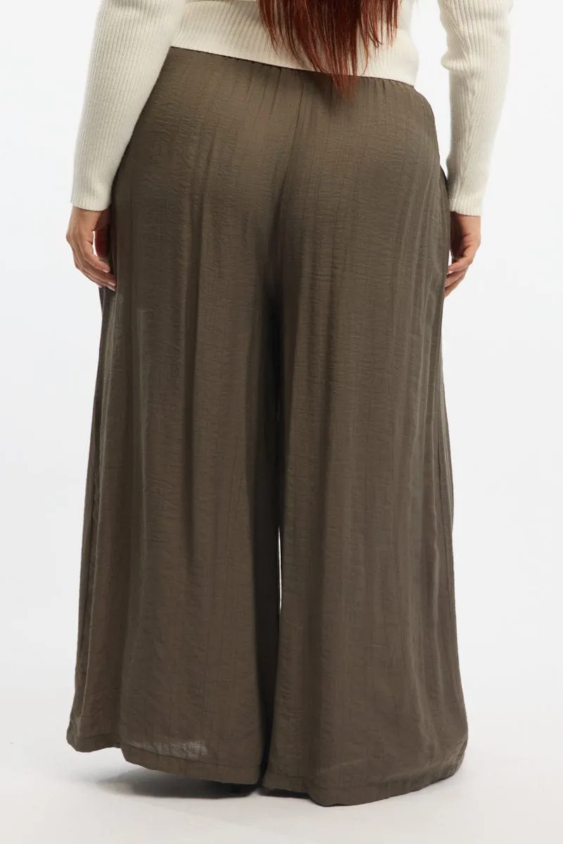 Brown Tie Waist Textured Wide Leg Pants Flattering Design Wear StretchWaistband