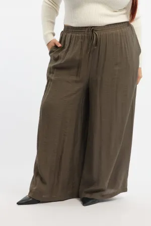 Brown Tie Waist Textured Wide Leg Pants Weekend Style Stretch waistband