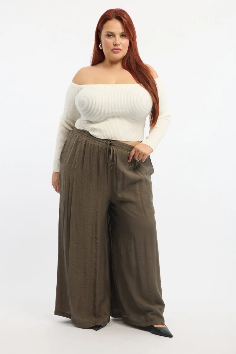 Brown Tie Waist Textured Wide Leg Pants Stylish Waistband