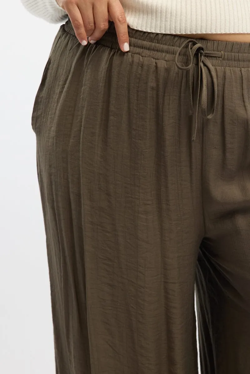 Brown Tie Waist Textured Wide Leg Pants Heat Friendly Non Irritating Seams