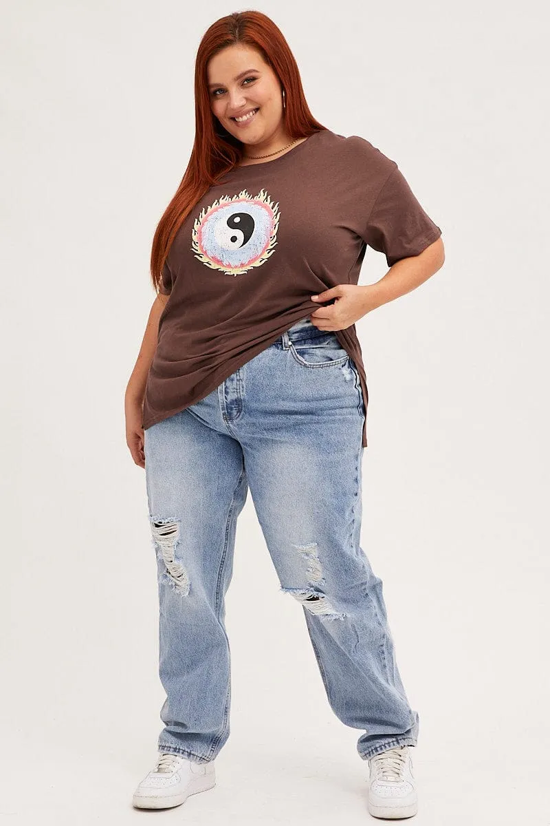 Reinforced Neckline Brown Graphic T-shirt Longline Yin Yang Cotton