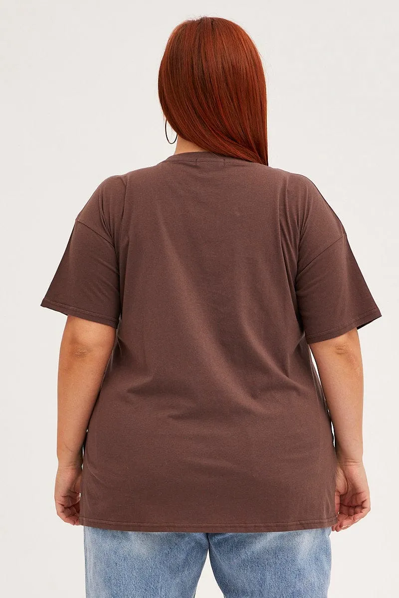 Geometric Print Brown Graphic T-shirt Longline Yin Yang Cotton