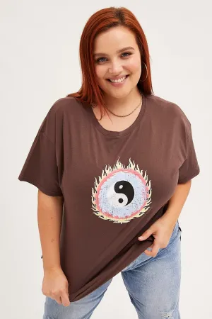 Effortless Layer Brown Graphic T-shirt Longline Yin Yang Cotton
