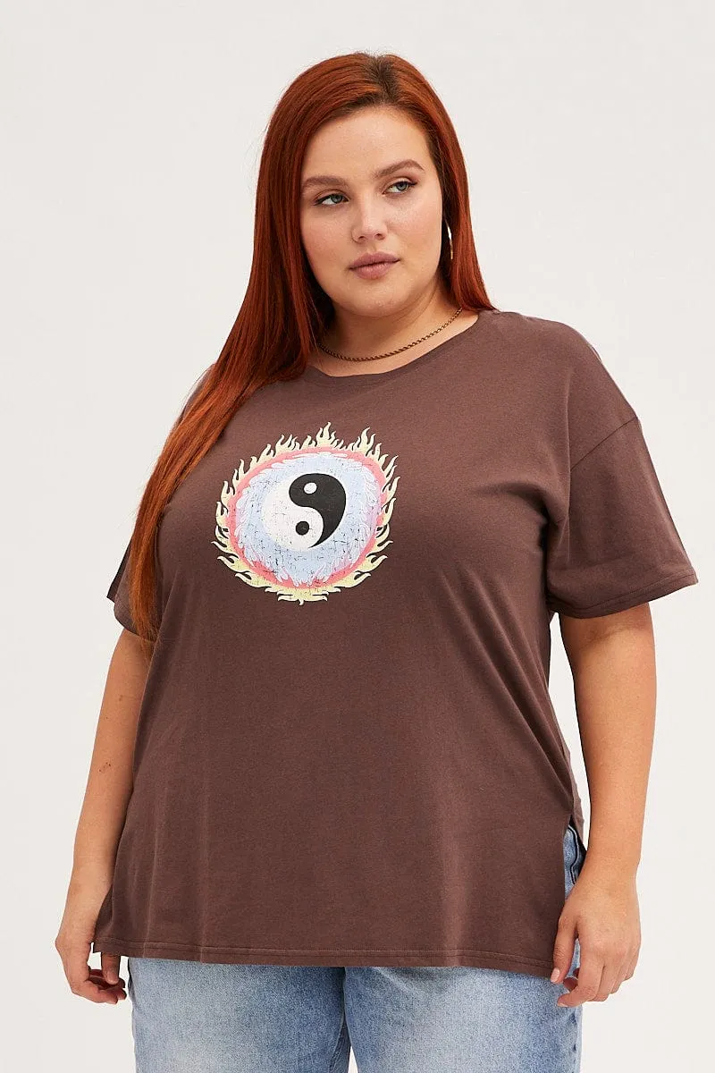 Classic Layer FadeResistant Coating Brown Graphic T-shirt Longline Yin Yang Cotton