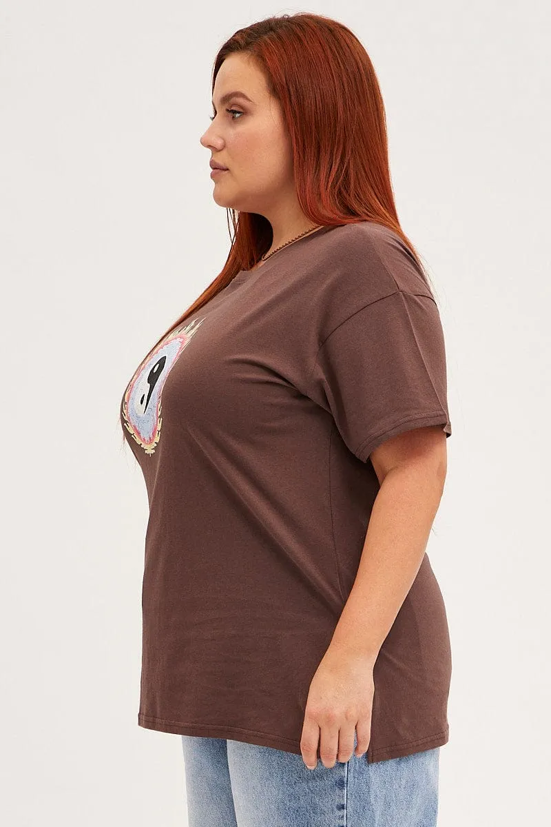 Soft Layer Brown Graphic T-shirt Longline Yin Yang Cotton