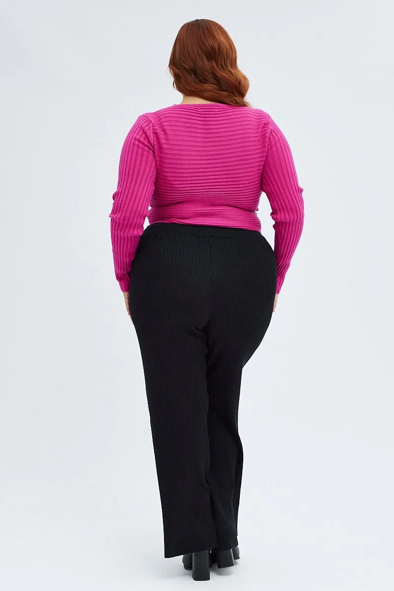 Denim finish Flexible Knee Panels Black Knit Pants Rib Wide Leg Elastic Waist Full Length