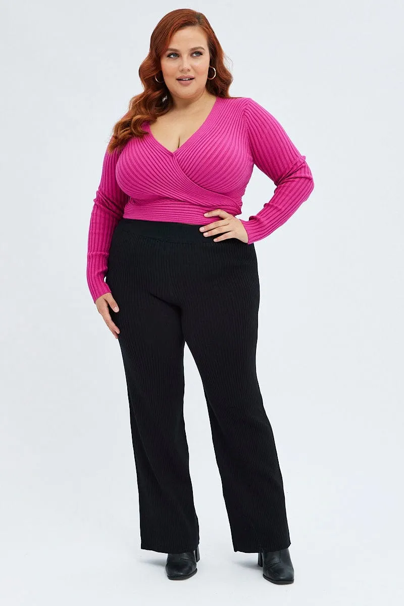 Air Comfort SmoothZipper Black Knit Pants Rib Wide Leg Elastic Waist Full Length