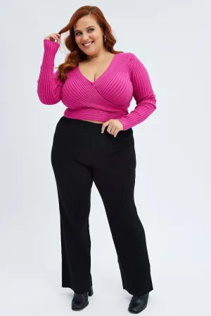 Black Knit Pants Rib Wide Leg Elastic Waist Full Length Reinforced Stress Points