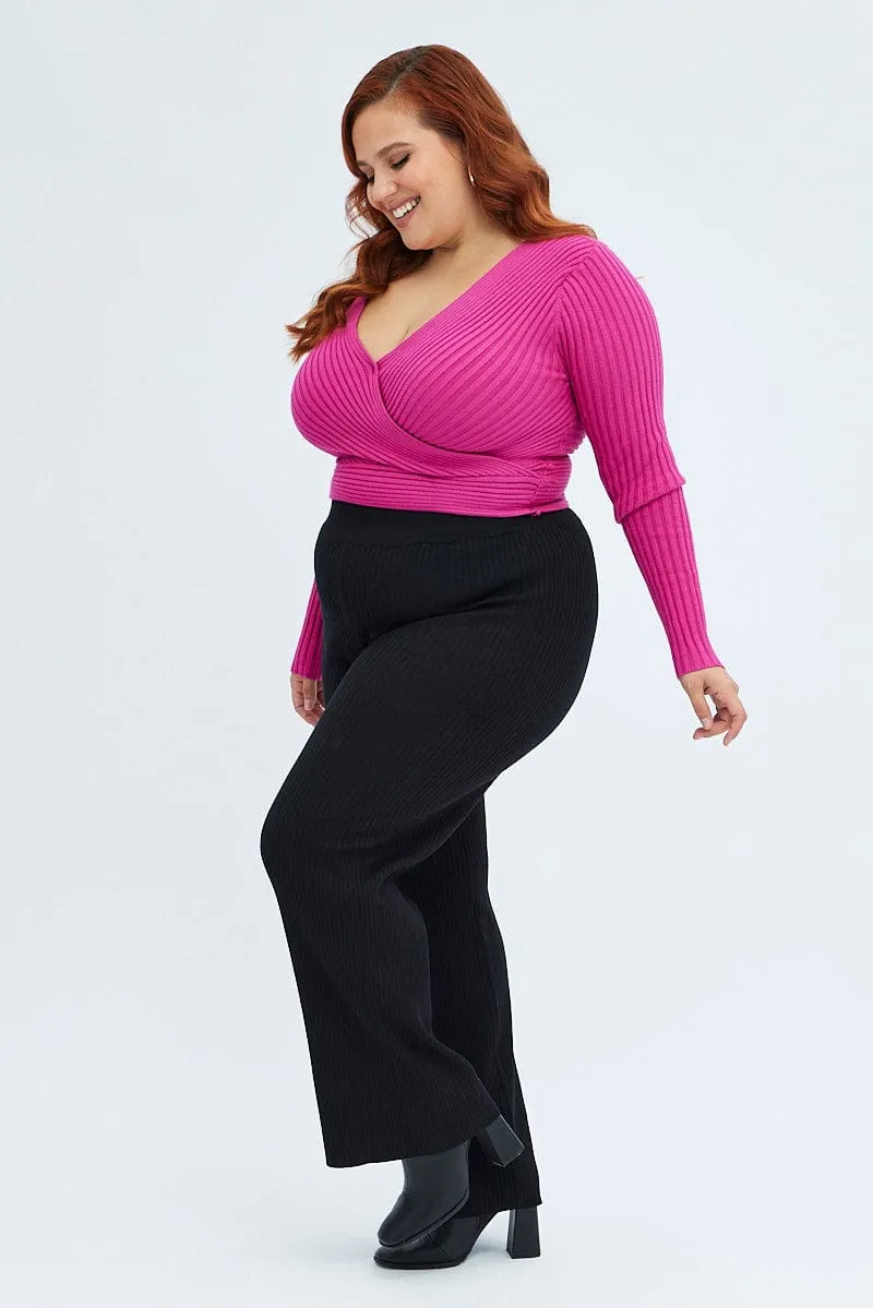 Black Knit Pants Rib Wide Leg Elastic Waist Full Length Outdoor Use Performance Comfort