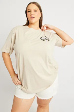 Beige Graphic T-shirt Short Sleeve Crew Neck Party fun Easy-Going Style