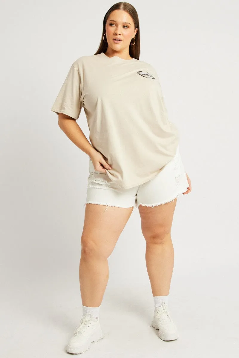 V neck elegance Beige Graphic T-shirt Short Sleeve Crew Neck