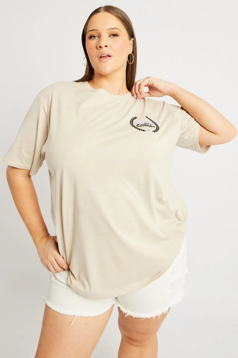 Beige Graphic T-shirt Short Sleeve Crew Neck Party fun Easy-Going Style