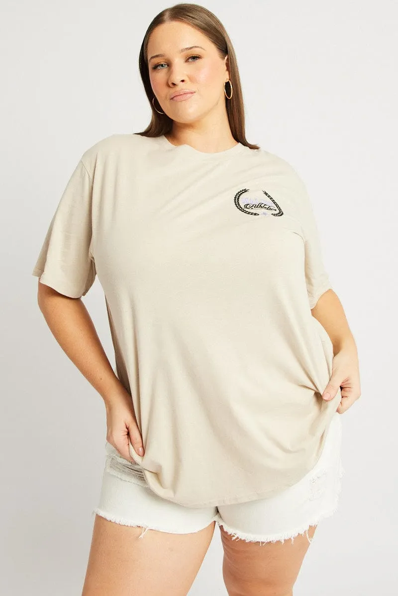 Versatile Outfit Beige Graphic T-shirt Short Sleeve Crew Neck