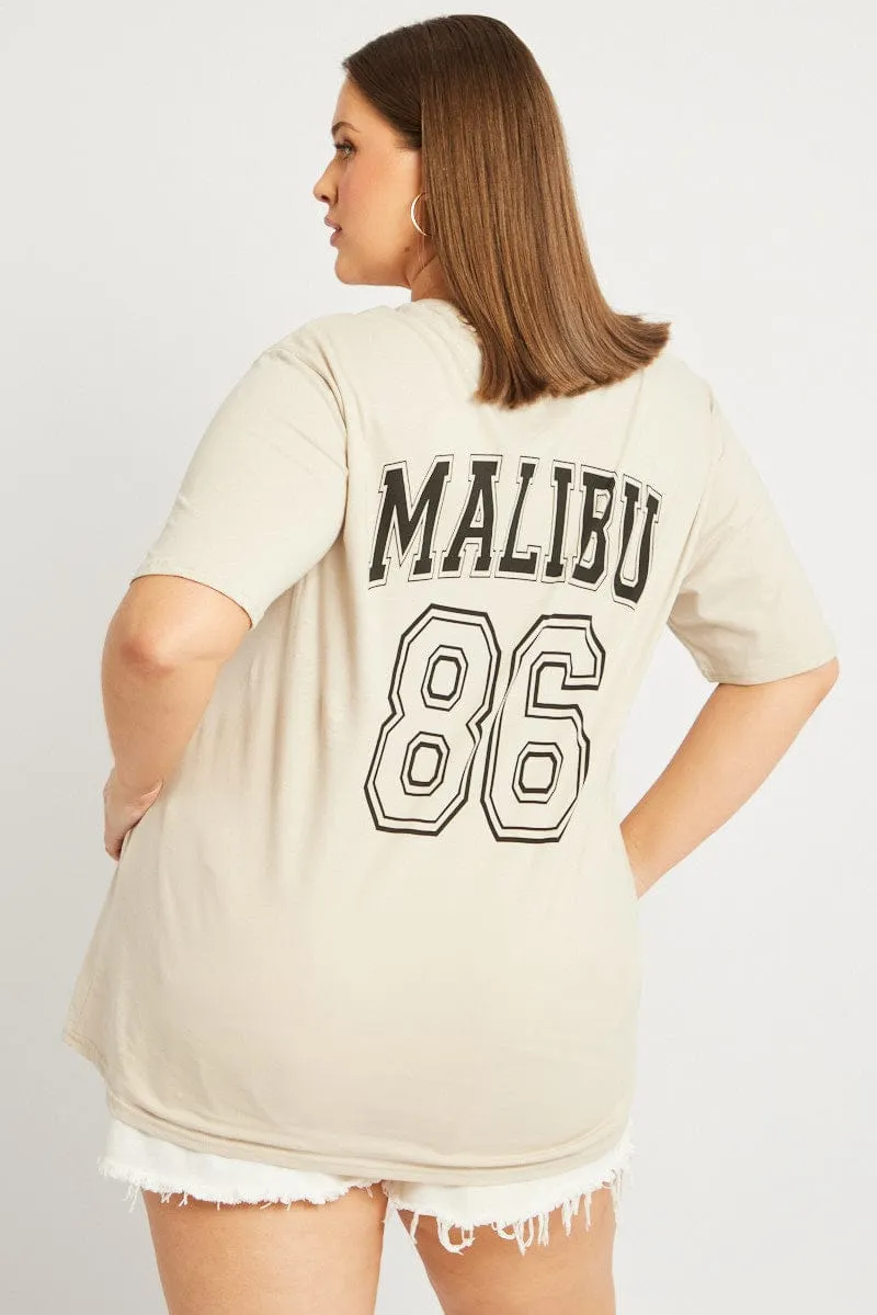 Beige Graphic T-shirt Short Sleeve Crew Neck Premium Cotton Blend