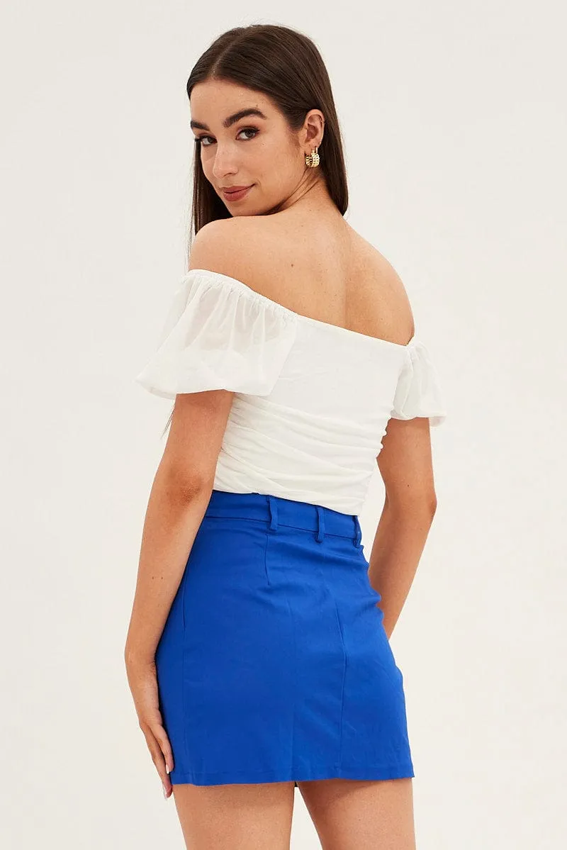 Blue Mini Skirt High Rise Front Split button detail