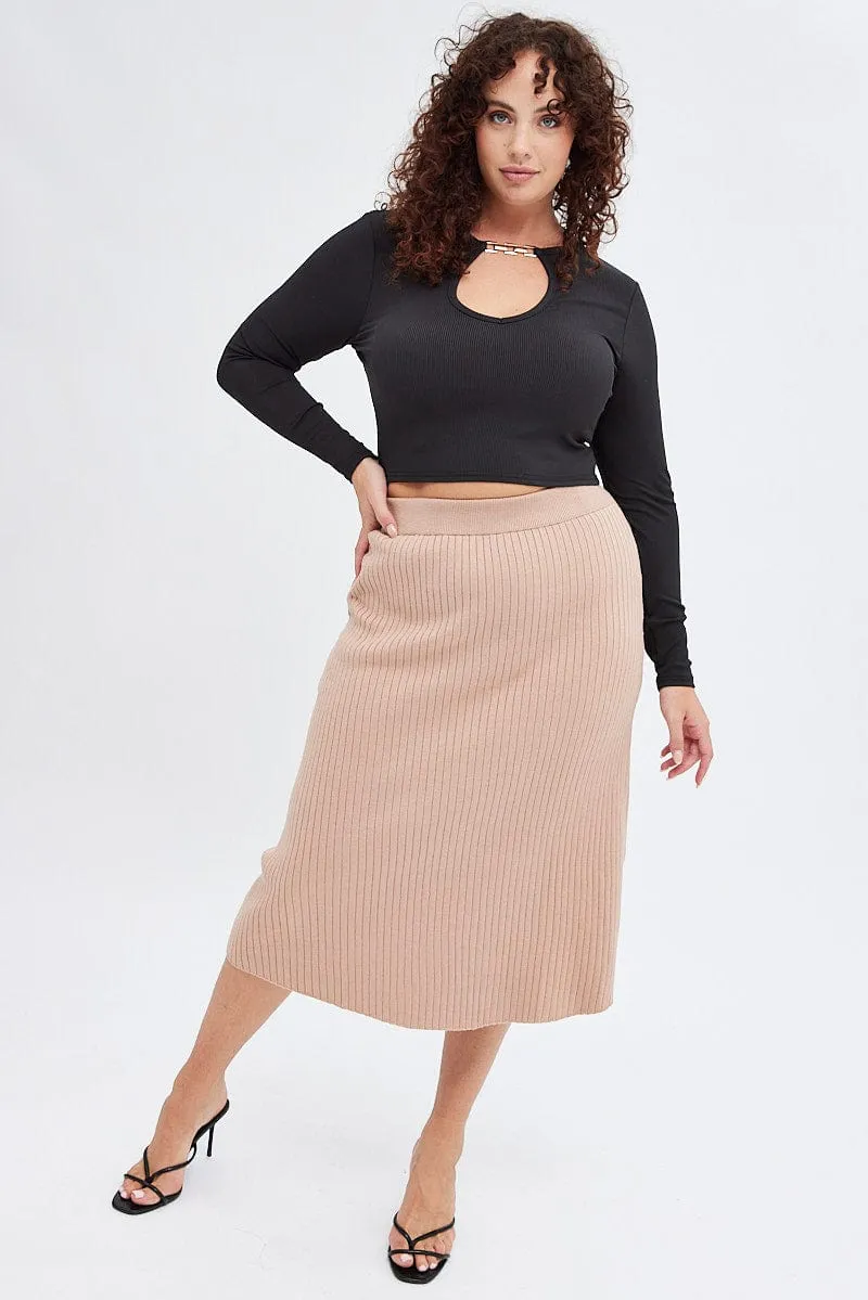 Beige Knit Skirt Elastic Waist Midi Flare Rib Bamboo Fiber