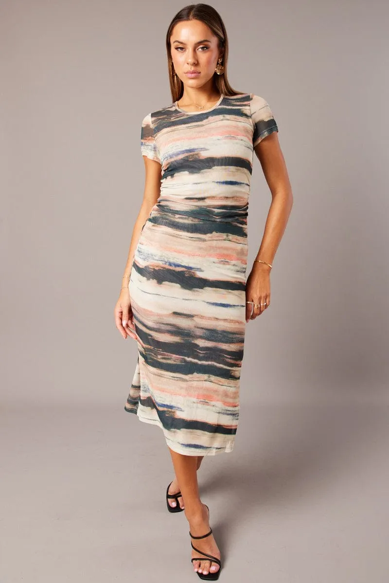Lift Mode DurableCoverstitch Brown Abstract Mesh Dress Short Sleeve