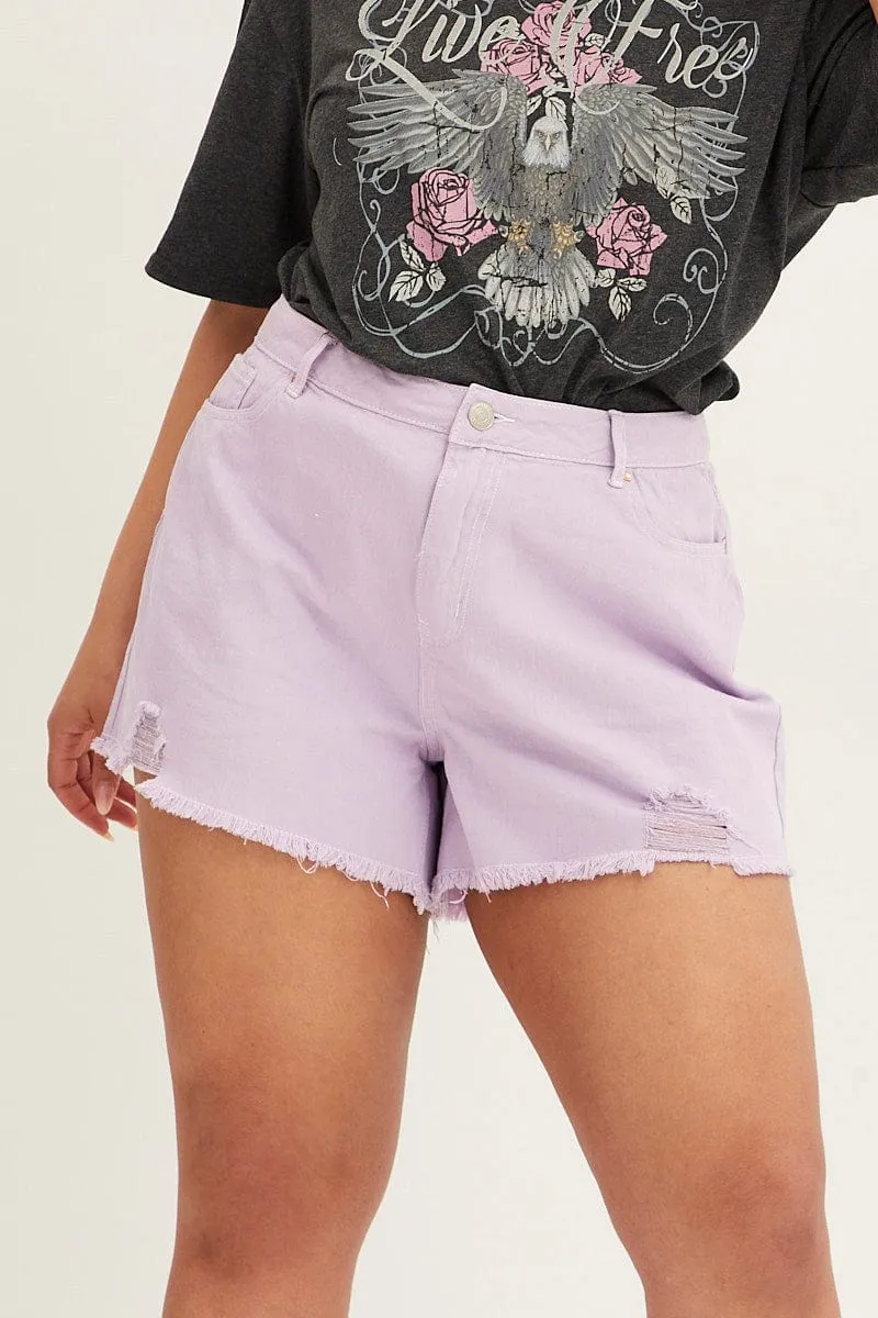 Purple Relaxed Denim Shorts High Rise EasyCareMaterial