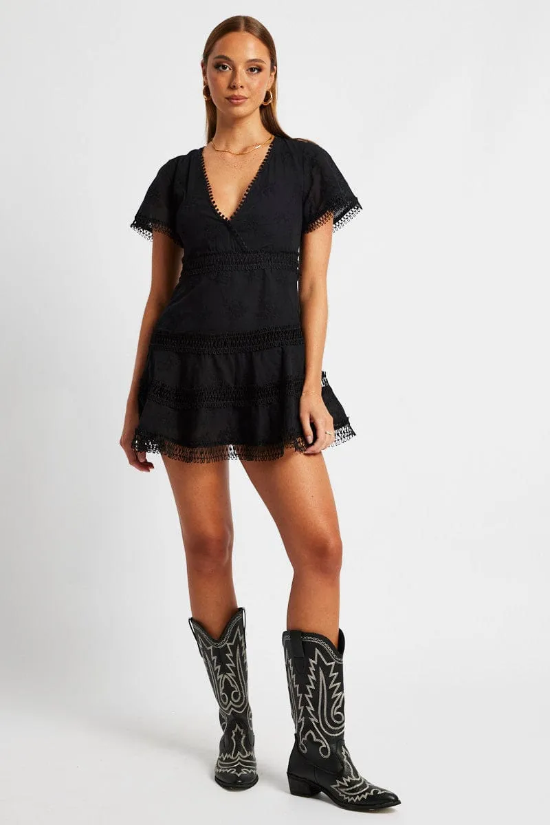 ShrinkageFree Fabric Focus Mood Black Fit And Flare Dress Short Sleeve Mini
