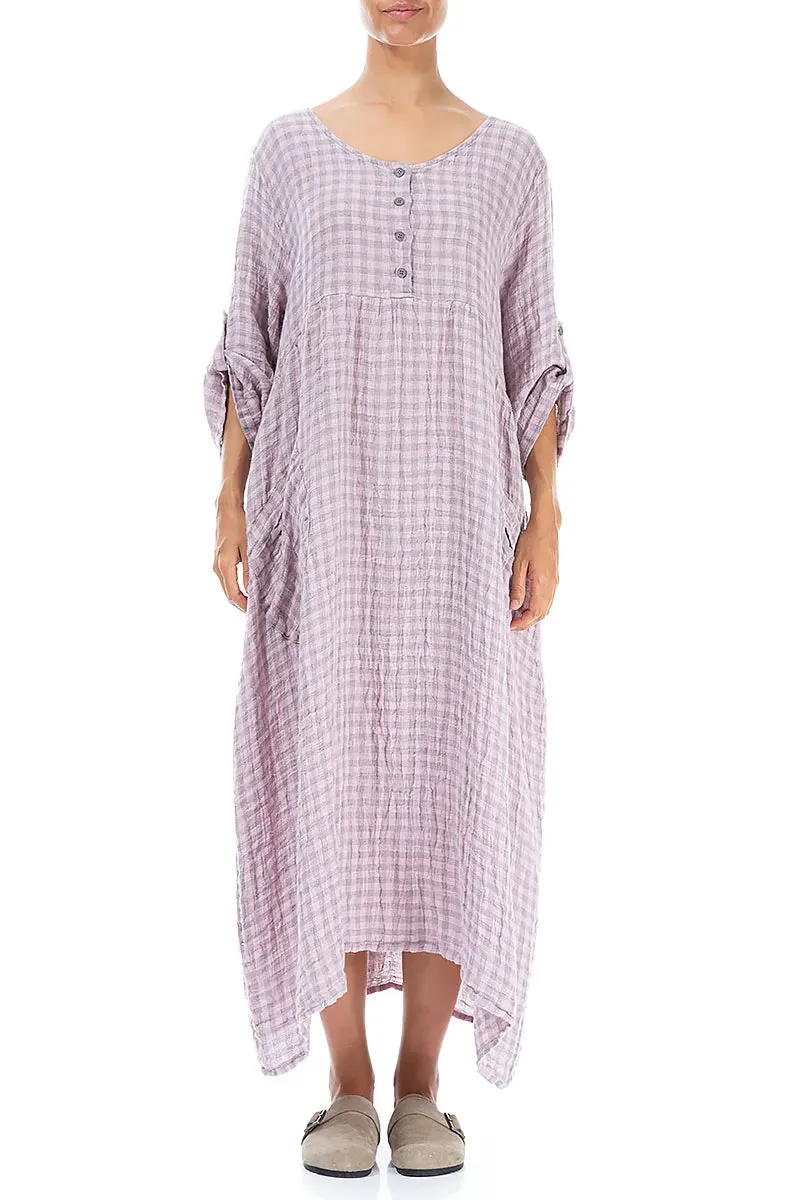 Buttoned Pink Check Linen Dress Cozy Layers