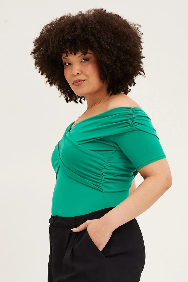 Smart Wear Green Off Shoulder Jersey Wrap Bodysuit