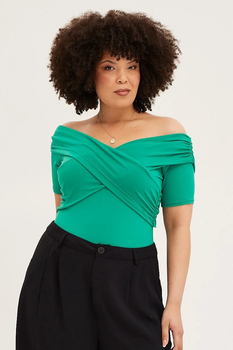 Green Off Shoulder Jersey Wrap Bodysuit TactileStitching AI Style